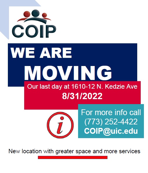 A graphic noting COIP is moving from the Kedzie location on August 31.